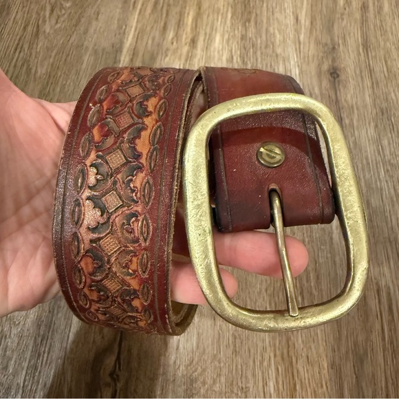 Vintage Leather Belt Hand Tooled Solid Brass Buckle Floral Western Boho Wide M\L - Picture 2 of 6
